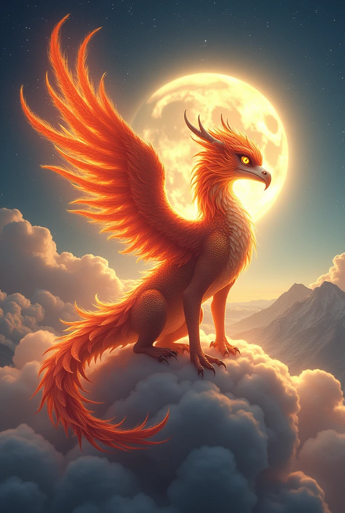 "Create a high-definition image of a mythical creature that fuses a majestic phoenix and a fierce dragon. The creature should have vibrant, fiery feathers that transition into shimmering scales, radiating a magical aura. Its eyes should glow with ancient wisdom, and it should be perched atop a cloud, surrounded by swirling mist and celestial stars. The background should feature a mystical landscape with ethereal mountains and a glowing moon, enhancing its legendary presence."