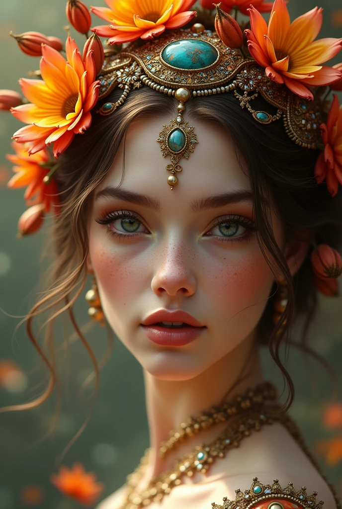 a close up of a woman with flowers in her hair, digital art, inspired by Karol Bak, fantasy art, jeweled headdress, beautiful avatar pictures, steampunk fantasy style, wlop glossy skin, fairy look, fantastic details full faces, jeweled, goddess of autumn,