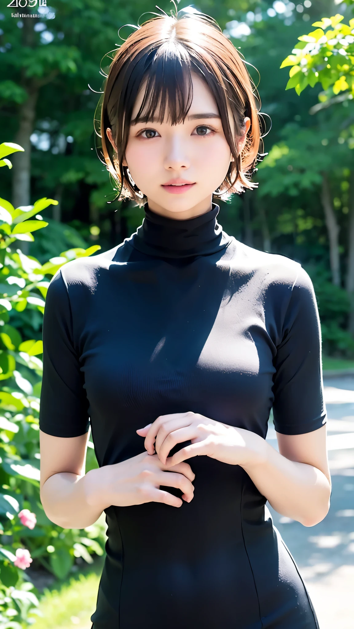 Highest quality、masterpiece、Perfect Anatomy、Center of chest,Black Dress,turtleneck, (((, slim, short hair)))、Small breasts、Small breasts、Flat Chest、turtleneckのニット