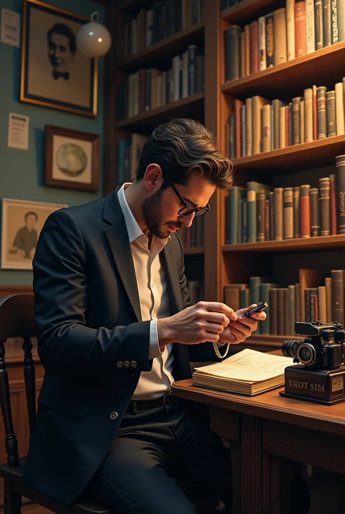 Generate an image, in which we must feel the film enthusiasm and, he must be a cinephile and have the many facts about film that we didn't know, in a library of films, he must be film enthusiastic and in a film based environment, must be men
