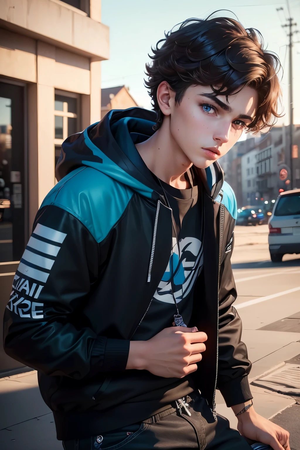 a beautiful age boy, dark brown wavy short hair, beautiful detailed blue eyes, vibrant colors, streetwear style clothes, cinematic lighting, (best quality,4k,8k,highres,masterpiece:1.2),ultra-detailed,(realistic,photorealistic,photo-realistic:1.37),portrait,high fashion editorial