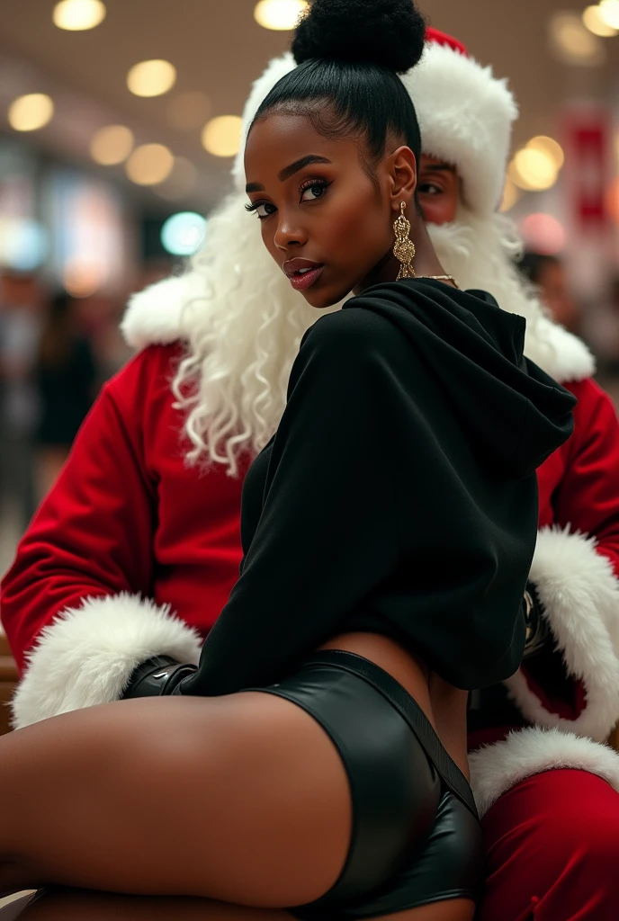 Black woman wearing leather short shorts and black hoodie hair in a bun setting on santas lap in the mall. Her shorts are up in her crack.  The look on her face is eyes wide open and excited