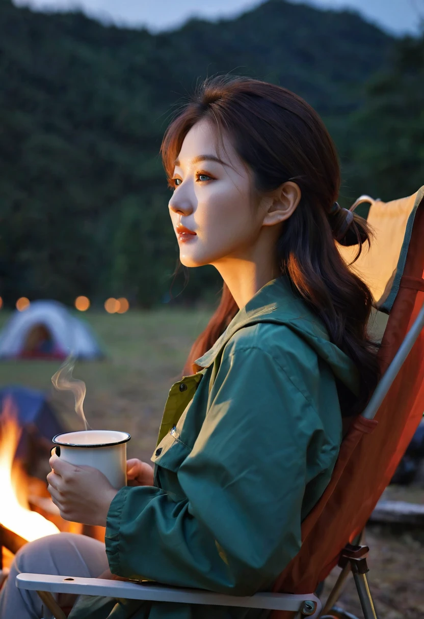 close up, side shot of beautiful korean female, 34 inch breasts size, wearing camping clothes, holding medium tea mug, sitting on camping chair, camp fire, in the dark evening, bokeh background, UHD
