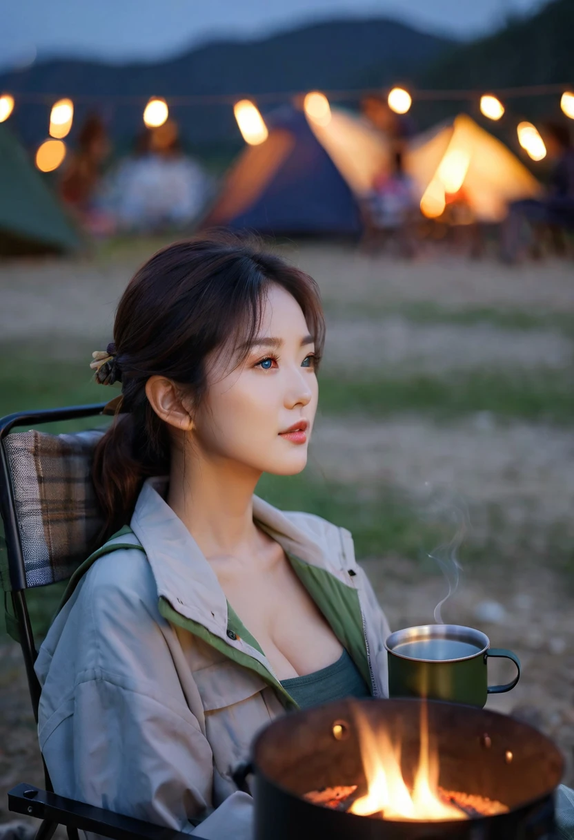 close up, side shot of beautiful korean female, 34 inch breasts size, wearing camping clothes, holding medium tea mug, sitting on camping chair, camp fire, in the dark evening, bokeh background, UHD