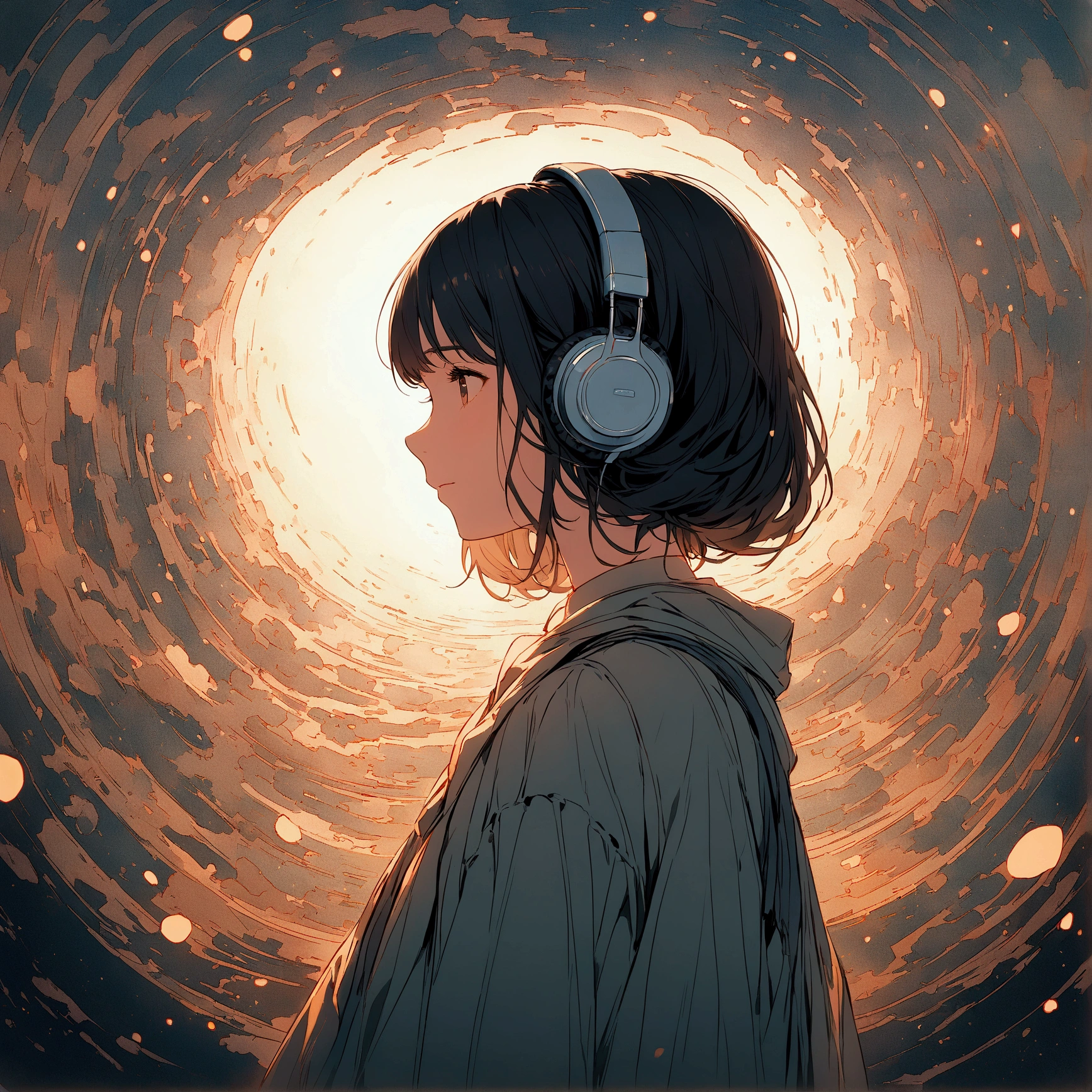 For the image, You could also feature a stylized illustration or a photo of a girl enjoying music., Put on your headphones, Soft lighting and a tranquil outdoor atmosphere、Surrounded by a calm atmosphere、Black Hair、The face is facing forward