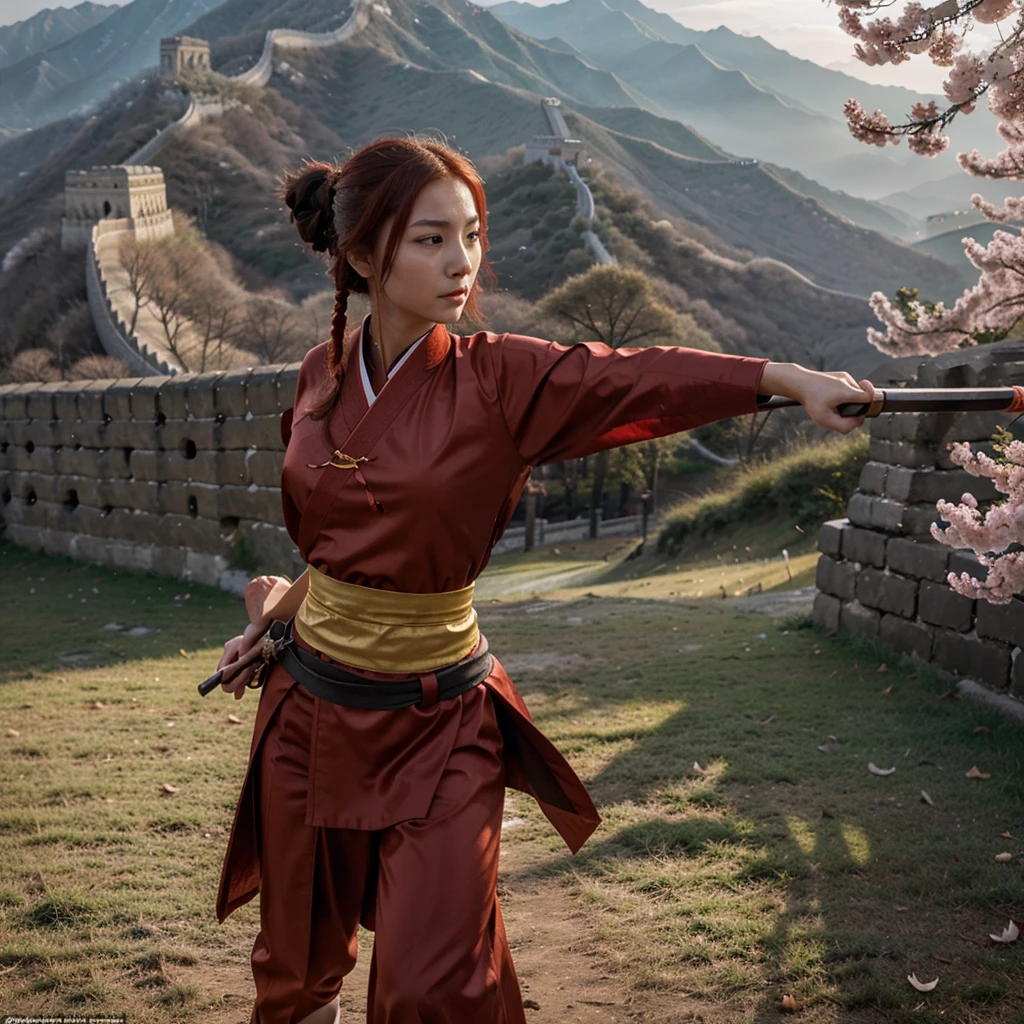 Create a dynamic and visually stunning 3D scene of a beautiful Chinese woman with a sweet, delicate face and flowing red hair, dressed in an elegant traditional Chinese outfit. She is gracefully wielding a sword, caught in mid-swing, as she performs an intricate martial arts move on the Great Wall of China. The setting should reflect a classic wuxia (martial arts) style, with the woman’s robes billowing in the wind and her sword gleaming under the soft light of the setting sun. The Great Wall should stretch out behind her, with majestic mountains in the background, and a few cherry blossom petals drifting through the air to enhance the ethereal and powerful atmosphere. The overall tone should convey a sense of strength, grace, and beauty, capturing the essence of classic Chinese martial arts films