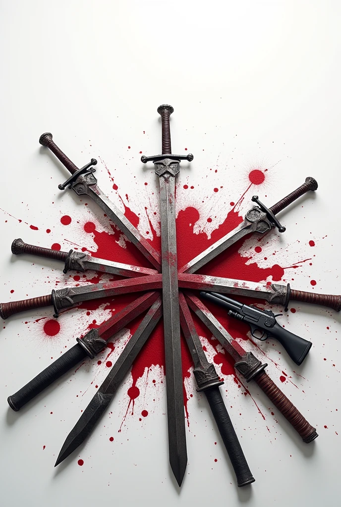 On a white background with blood stains, place swords and guns 