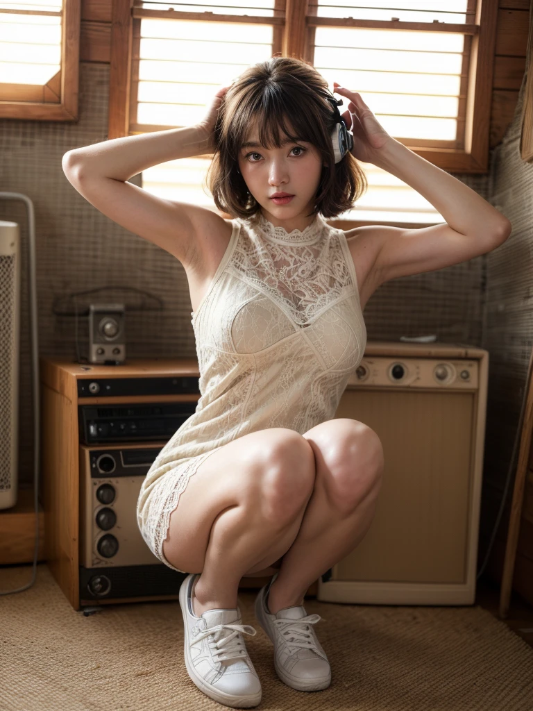 (angle from below:0.7), (wide photo shot:0.6), (High quality photo:1.5), 1women, a sweet japanese idol women with a warm expression (in cabin room with pile of old radios walls:1.4), (wearing lace slipdress:1.3), open legs, sneakers, (pretty chubby:1.1), 90s hairstyle with bangs, (natural sunlight:1.3), squat pose, (anatomically correct:1.2), (poetic photo style:1.3), realistic object, (ultra highly detailed:1.2), (realistic face and eyes:1.3), real skin, (sunlight and shadow:1.3), full body view, (sharp focus:1.2), shot by mamiya R67, kodacrhome, dynamic composition, Anatomically Correct, Accurate,