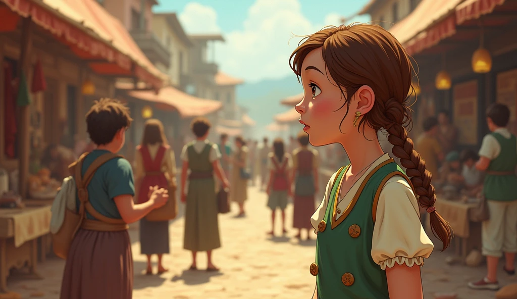 Character Description: Lily is now resourceful and clever, her demeanor reflecting her growth throughout the story. Her braid is neatly tied, and she wears the same simple dress, but with more confidence. Her eyes sparkle with the excitement of her plan
Prompt: A vintage-style illustration of Lily talking to a group of villagers in the market, spreading the rumor about the legendary compass. The villagers, intrigued, listen closely as Lily describes the treasure legend. The market is busy, with various stalls and people going about their day, but the focus is on the small crowd gathered around Lily. The colors are warm and inviting, capturing the energy of the market