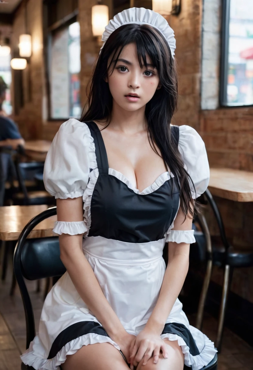 high quality, best quality, high resolution, 4k, high definition, beautiful lighting, highly detailed face, female, female focus, solo focus,ctgtl2,black hair,black eyes,long hair,closed mouth, 1girl, solo, breasts, looking at viewer, blush, open mouth, middle part, large breasts, simple background, cafe background, dress, cleavage, sitting, full body, short sleeves, thighs, sweat, shoes, puffy sleeves, shiny, hand up, black footwear, apron, black dress, high heels, puffy short sleeves, legs, shiny skin, maid, maid headdress, black panties, bare legs, chair, short dress, from above, frilled dress, crossed legs,bangs