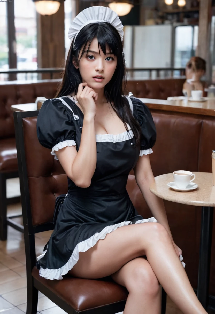 high quality, best quality, high resolution, 4k, high definition, beautiful lighting, highly detailed face, female, female focus, solo focus,ctgtl2,black hair,black eyes,long hair,closed mouth, 1girl, solo, breasts, looking at viewer, blush, open mouth, middle part, large breasts, simple background, cafe background, dress, cleavage, sitting, full body, short sleeves, thighs, sweat, shoes, puffy sleeves, shiny, hand up, black footwear, apron, black dress, high heels, puffy short sleeves, legs, shiny skin, maid, maid headdress, black panties, bare legs, chair, short dress, from above, frilled dress, crossed legs,bangs