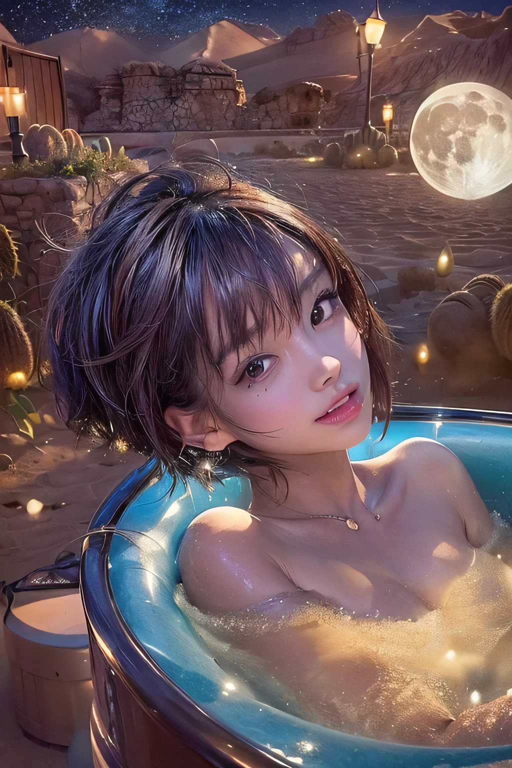 masterpiece, 1 beautiful girl, (highest quality, 8k, 32K, masterpiece), (Realistic), (Realistic:1.2), (High resolution), (small breasts:1.3), (Crystal colorful lights), Extremely refined and beautiful, beautiful detailed eyes, Round eyes, detailed facial features, Shiny skin, (Perfect Anatomy), (smile), ((Outdoor bath in the middle of the desert), (Outdoor bath on the desert:1.3), (There is nothing but desert around the public bathrooms:1.3), short hair, brown hair, (midnight, moon night), Night view,  A bath full of bubbles, (dynamic pose), 