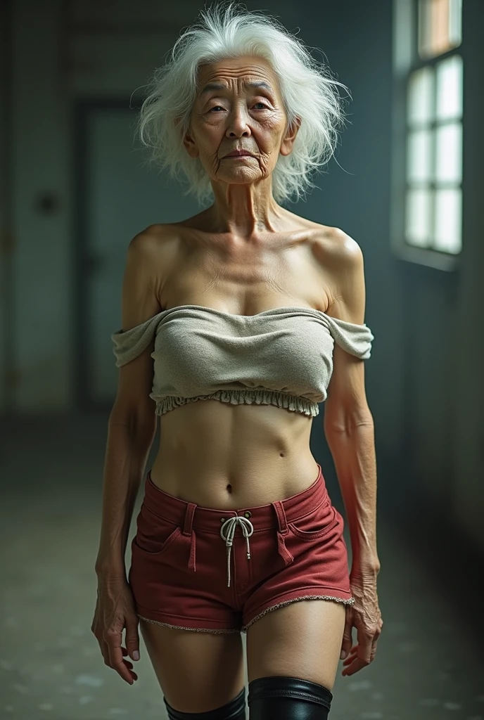 Japan 100 years old old woman aging elderly person aged face gal to off-shoulder、Micro Mini Skirt、Transplant surgery for the big breasts of a grandma gal who stole thigh-high boots and wore them Gal's off-shoulder、The Micro Mini Skirt is the wrong size. I tried wearing it too much and it stretched out.