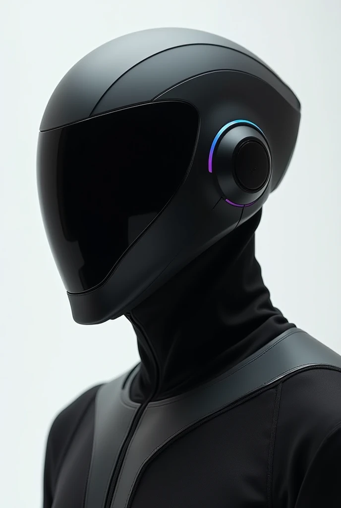 A futuristic techwear mask, simple but elegant, with a minimalist design. The helmet features a smooth design, clean lines and an automatically opening visor. The design emphasizes sophistication with a matte black finish, accented by subtle metallic or neon reflections. The overall look is modern, high-tech, and elegant, with a focus on elegance and simplicity, use the Machine56 helmet as a reference