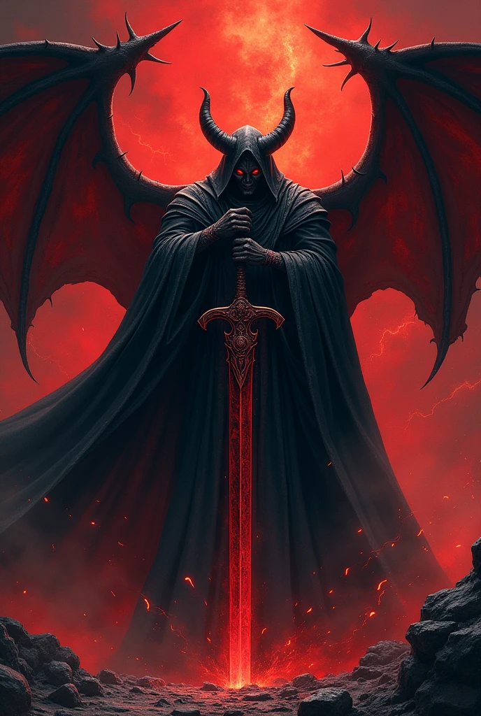 Devil with a powerfull sword in black and meroon background with death call