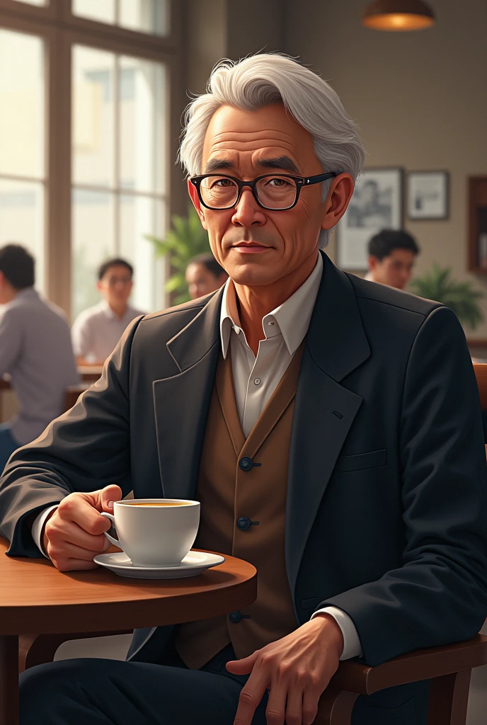 At the heart of our prestigious university lives an immortal guardian known as Mana. The guardian deity who used to be a mole decided to take on human form to better serve the institution. He is an elderly professor with a kind disposition,short hair,asian, wearing glasses that seem to reflect deep ancient wisdom. His eyes have a subtle glimmer that hints at his true nature. Mana is revered for his wisdom, kindness, and dedication to the well-being of the university and its inhabitants. Sitting in the campus café, having a cup of coffee.