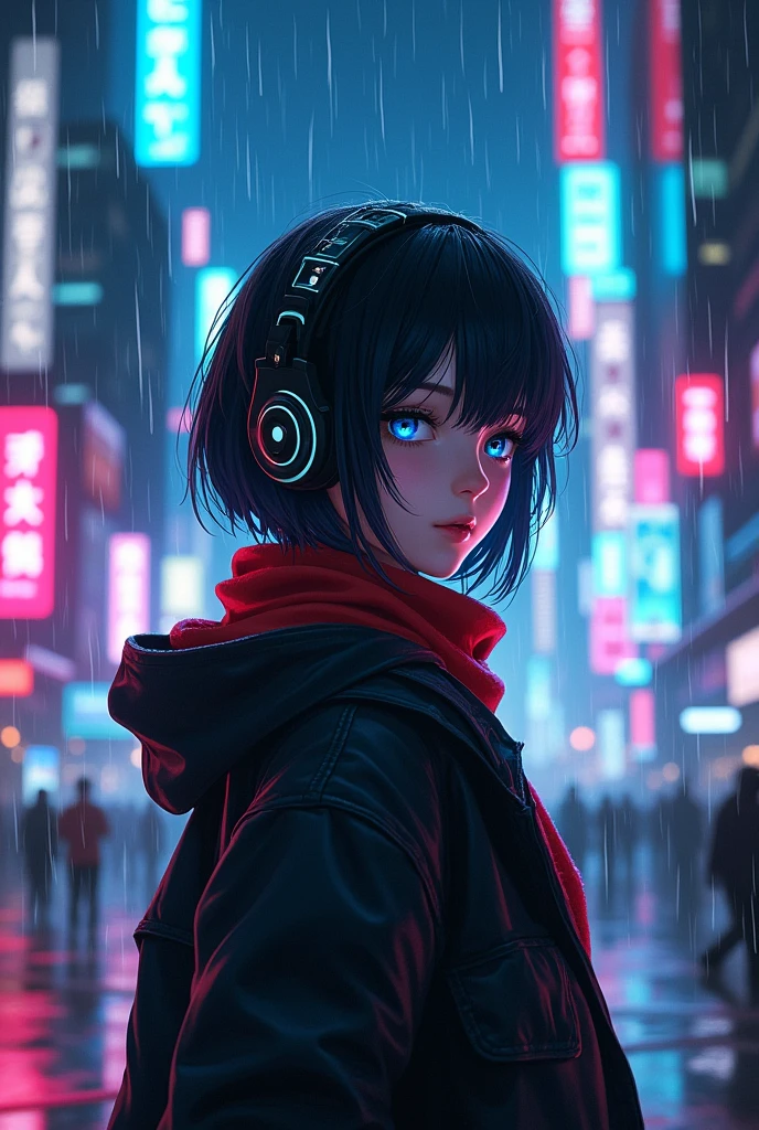 woman、Black Hair、Short Hair、Blue Eyes、headphone、Red muffler、cyber-、neon、mysterious、High resolution、City、From afar、Sparkling、Anime Style、adventure、rain