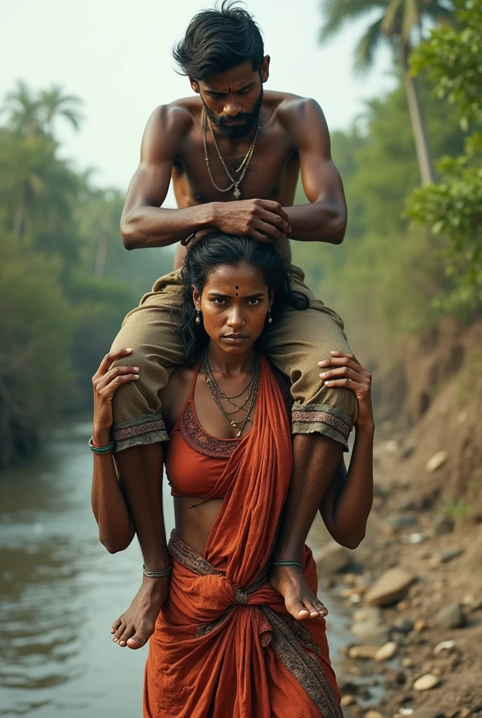 Beautiful Typical indian village ragpicker young woman carrying a large man on her head, man is sitting on her shoulders, nearby a river 