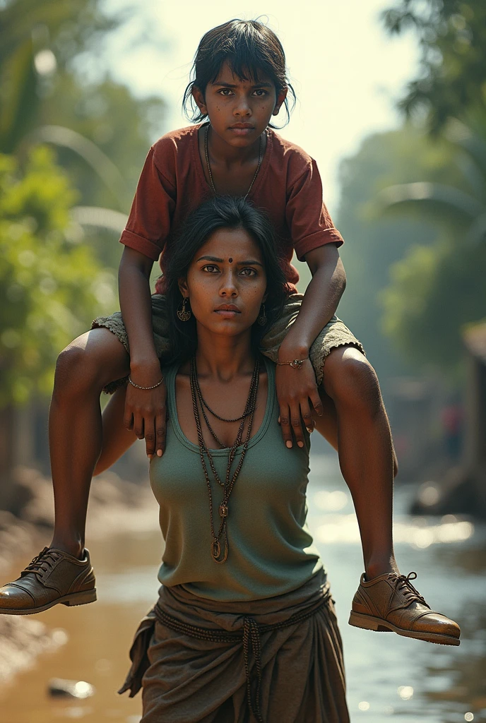 Beautiful Typical indian village ragpicker young woman carrying a large man on her head, man is sitting on her shoulders, nearby a river