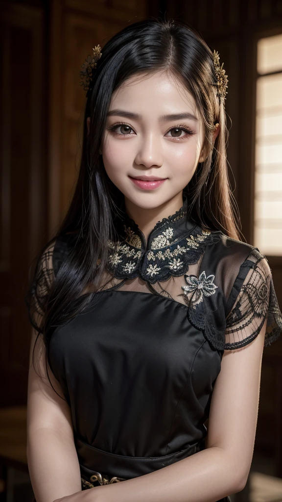Gorgeous Girl, 20 Year Old Face, Smiling face, Portrait, ((Indonesian Black Javanese Kebaya)), White Indonesian Kebaya, Natural Skin, Brown Retina, Black Hair, Indonesian Culture Background, Perfect Lighting, 8K,UHD, HDR