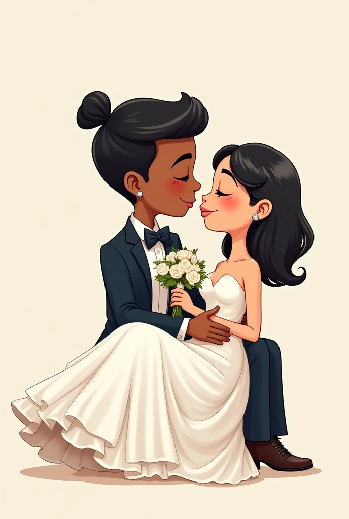 I want you to create a cartoon style bride and groom image. The groom and bride have black hair, the groom&#39;s hair is a topknot turned to the right and the bride&#39;s hair is shoulder length, the bride is white and the groom is brown. into the image, the groom is holding the bride on his lap.