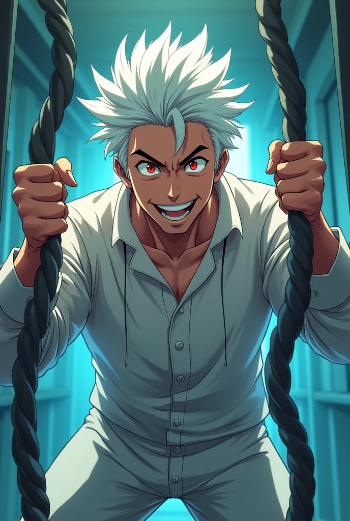 Man with white hair and red eyes, happy, with a smile, with a long-sleeved straitjacket, inside a room in a psychiatric hospital, bending the steel bars of his room . cheered up, anime.