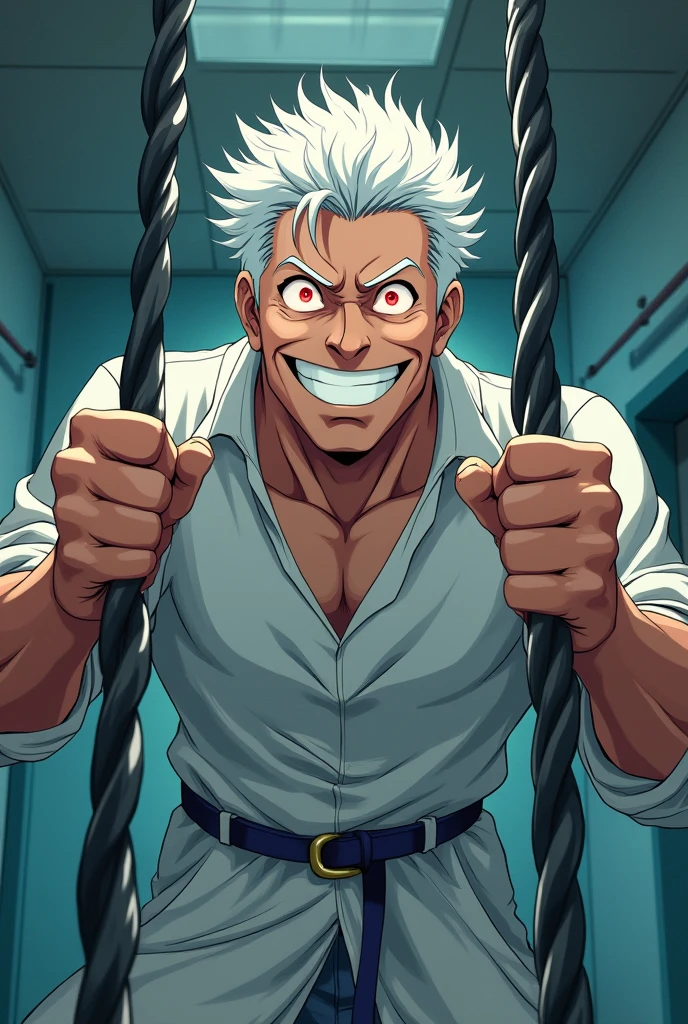 Man with white hair and red eyes, happy, with a smile, with a long-sleeved straitjacket, inside a room in a psychiatric hospital, bending the steel bars of his room . cheered up, anime.
