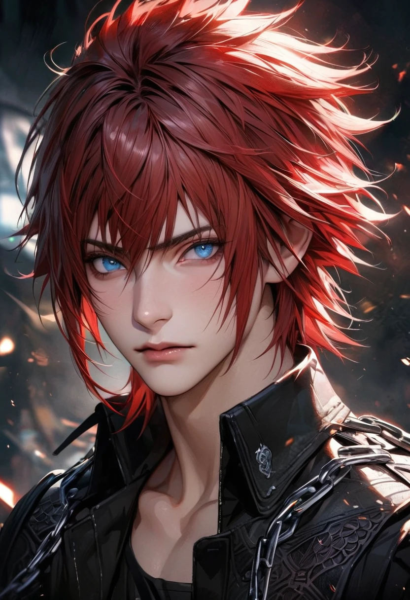 {RED HAIR}absurdres, highres, ultra detailed, HDR, master piece, best quality, extremely detailed face and eyes, perfect face, PERFECT SKIN, realistic face, beautiful eyes, Noctis Lucis Caelum, Red hair, expressive blue eyes, Final Fantasy xv, black jacket, black shirt, patterns, solo, man, handsome, BACKGROUD chain. full body