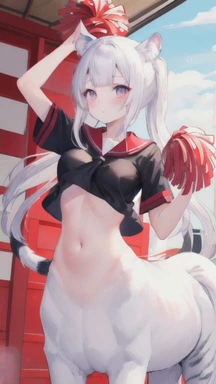 (best quality, masterpiece), 1 girl, centaur, I beg, White skin, Japanese schoolgirl,daughter,black pink, exposing the abdomen, belly button t-shirt , Beautiful girl perfect white tiger photo, Perfect cheerleader picture