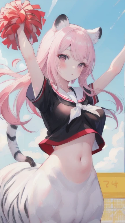(best quality, masterpiece), 1 girl, centaur, I beg, White skin, Japanese schoolgirl,daughter,black pink, exposing the abdomen, belly button t-shirt , Beautiful girl perfect white tiger photo, Perfect cheerleader picture