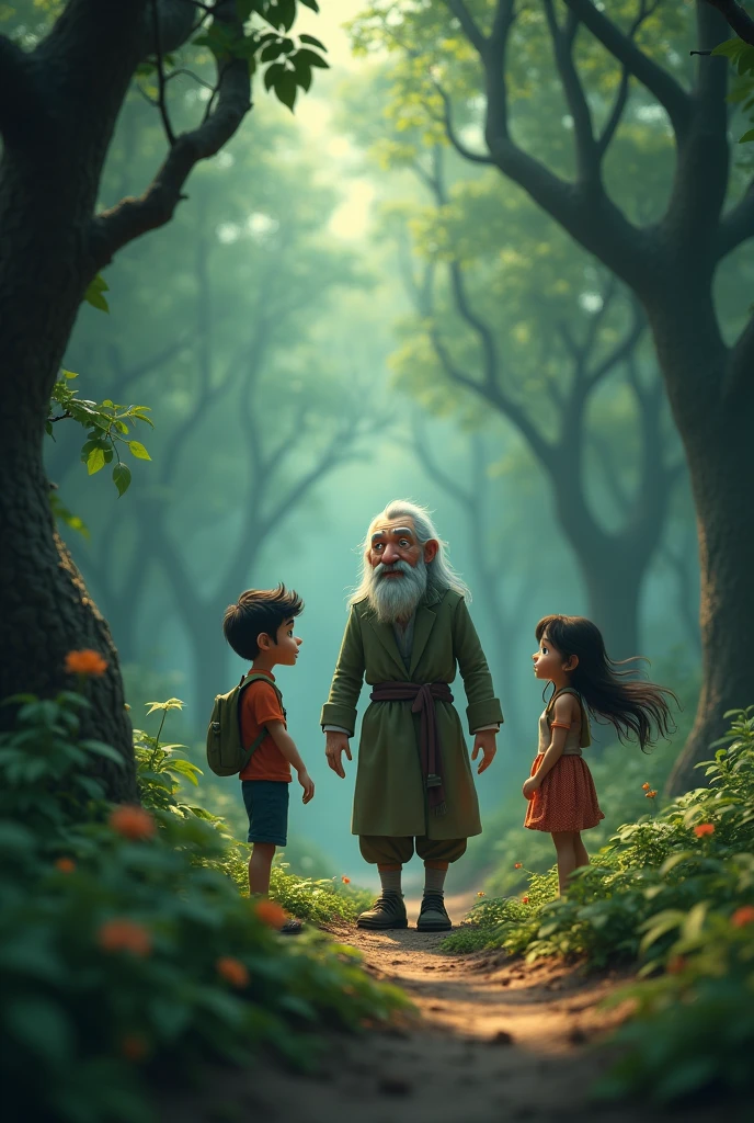 Generate a hight quality seen in cenematics 3d cartoon style The Strange Encounter
Visuals: In the heart of the forest, they hear strange sounds and suddenly encounter an old man with sparkling eyes. The atmosphere is tense but also slightly comedic, with the old man smiling mysteriously.
Prompt: "The 17 sal ka ak larka aur ak larki
children encounter a mysterious old man in the forest. He appears out of nowhere, adding suspense to the scene