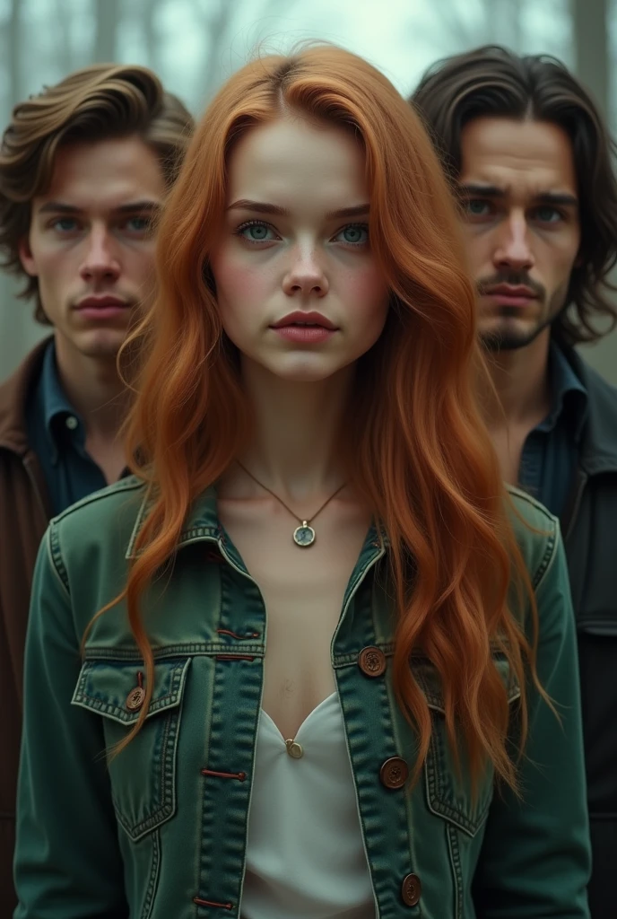 A twenty-two year old woman, very beautiful, fine and delicate features, clear blue eyes like a summer sky, pale skin, wears a green denim jacket, has a melancholic look but a beautiful smile, her hair is long wavy pale red up to the waist, by her side are her brothers, Sam and Dean Winchester