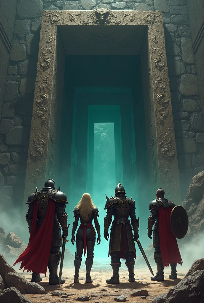 A group of four adventurers stands in front of a massive dungeon entrance, ready for battle. The view is from behind the heroes, looking towards the entrance of a huge, dark cave. The adventurers are dressed in high-fantasy armor and clothing, typical of a Dungeons & Dragons setting. Each character has a distinct look: a heavily armored warrior with a sword, a nimble rogue with daggers, a powerful mage holding a staff, and a cleric with a shield and holy symbol. The entrance to the dungeon is grand and foreboding, with intricate carvings and an aura of mystery. The scene is highly detailed and epic, capturing the tense anticipation before the adventure begins.
