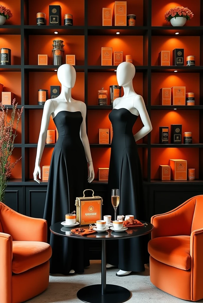 Scene Overview:
• The scene is set in a luxurious corner, designed to evoke elegance and sophistication.
• Color Theme: The primary colors are black, white, gold, and pops of vibrant orange.
Background:
• L shaped Bookshelves: Black bookshelves filled with vibrant orange Venchi chocolate gift boxes and T9 Tea cans, alongside mooncake boxes.
• Decorative Elements: The bookshelves also feature soft decorative items, such as small floral arrangements or delicate ornaments, adding a touch of warmth and contrasting beautifully with the orange accents.
Centerpiece:
• Mannequins: In front of the bookshelves left side, there are two female mannequins dressed in pink Valentino outfits.
• Outfits: Elegant dresses in a classic Valentino style, complemented by matching hats, heels, handbags, and luxurious jewelry.
• Colors: The clothing and accessories maintain the black, white, and gold theme, ensuring a sophisticated look against the bold orange backdrop.
Furniture:
• Tea Table: A sleek black tea table is placed on a black-and-white mixed-colored rug.
• Tea Rack: On the table, there’s a tea rack holding Venchi chocolates and T9 Tea items, with the orange packaging adding a striking pop of color.
• Tableware: Wedgwood tea sets and champagne glasses are elegantly arranged on the table.
Seating:
• Chairs: Beside the table, there are plush velvet chairs, inviting guests to sit and enjoy the scene. The velvet chairs could be in a deep, rich color like black or dark gold, complementing the vibrant orange accents.
Decorative Touches:
• Floral Arrangements: Soft, delicate flowers in muted tones, such as whites or greens are placed around the scene, adding a fresh and natural element that contrasts nicely with the orange.
• Additional Decorations: Other soft decorative items, such as candles or small sculptures, are carefully placed to enhance the overall ambiance while ensuring the orange elements stand out.
This updated description highlights the vibrant ora