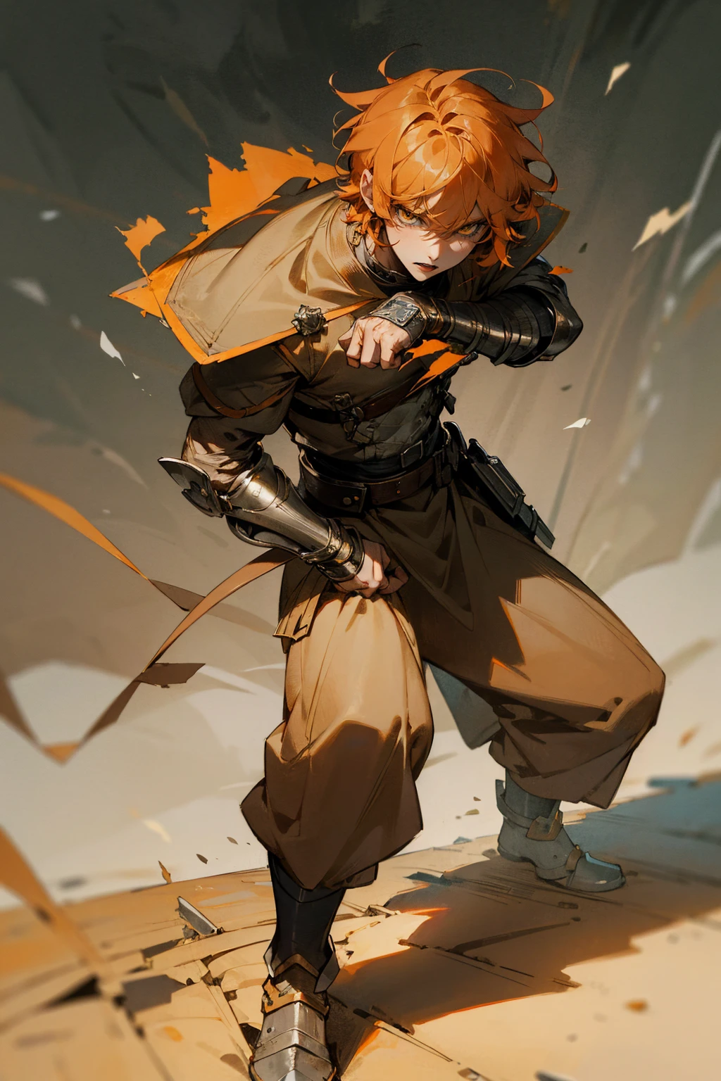 Masterpiece Quality, Perfect Generation, Sclera, Detailed Eyes, Skin, , , Clothing, Random Expression, , Battlefield Background, Full Body, Clothed, Hair Tie, Mad, Standing, strong, , eyes, , masculine, t, , scars, Male, orange short hair, gauntlets