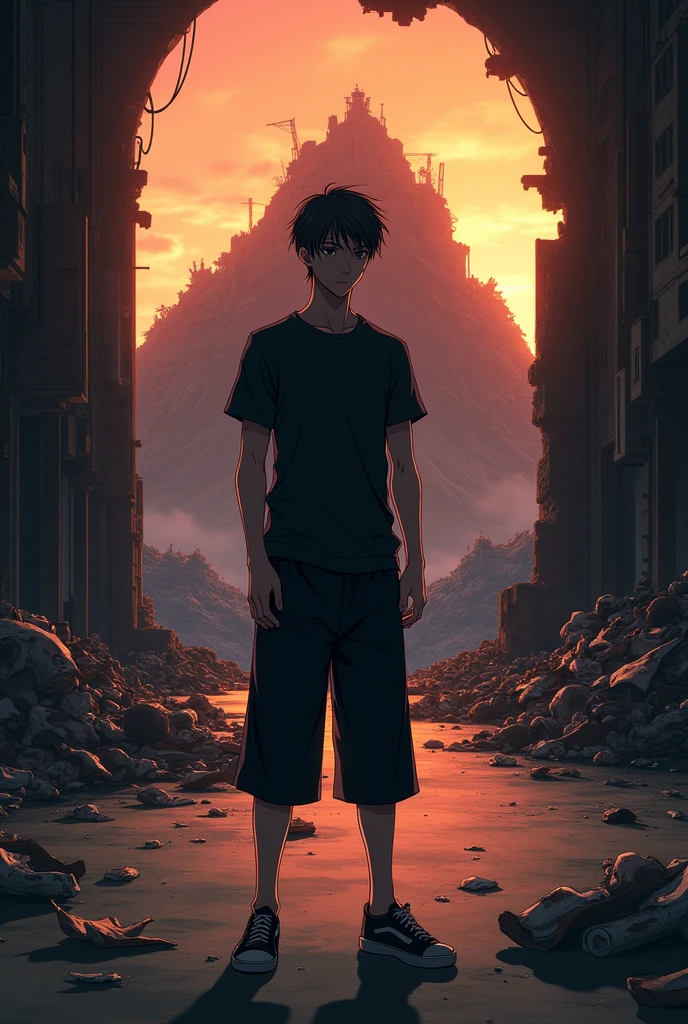 The image is anime style cowboy bebop and Darker than black with shadows and dim lights, anime style although somewhat adult and dark, It shows a single adult male aged 28., with black hair and black eyes, He is wearing a black t-shirt and long shorts., He looks serious. He is standing in front of a destroyed theater, right on stage, sin techar, as the orange light of dusk filters through. Behind him, You see a small mountain of waste, in which there are broken appliances, torn mattresses and other artifacts destroyed.