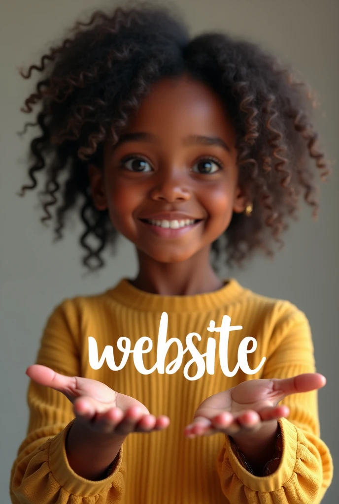 (photorealism:1.2), a young beautiful black girl standing with a smile with her both hands open and palms facing upwards. on the two palms should be floating texts beautiful fonts that reads, the text displayed: website