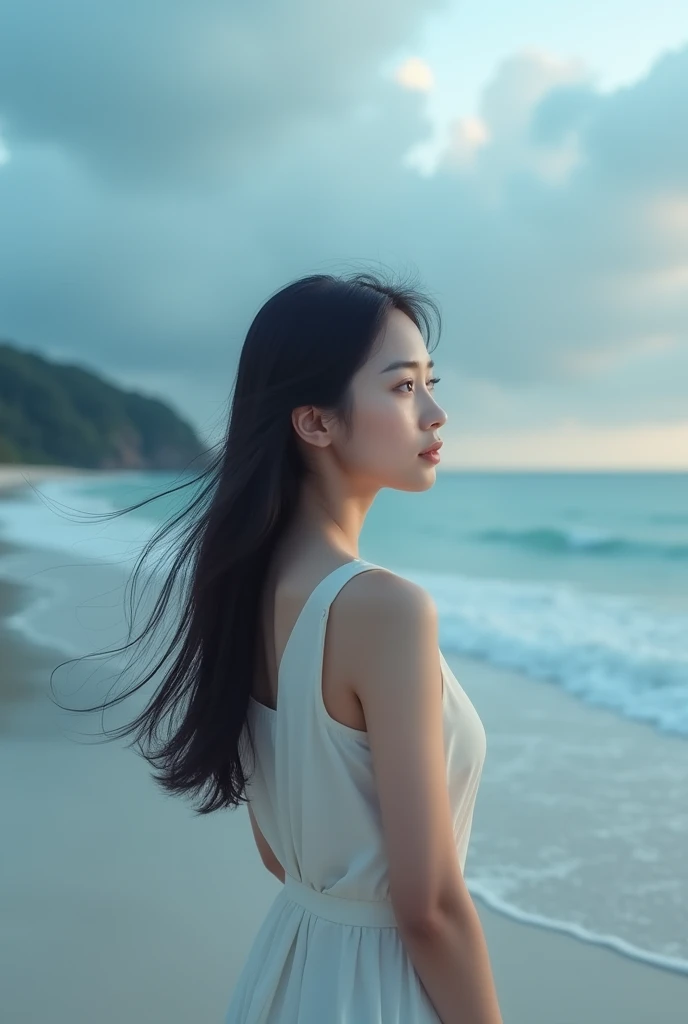 A asian woman in the beach