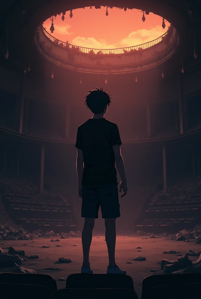 The image is anime style cowboy bebop and Darker than black with shadows and dim lights, anime style although somewhat adult and dark, It shows a single adult male aged 28., with black hair and black eyes, He is wearing a black t-shirt and long shorts., He looks serious. He is standing in front of a destroyed theater, right on stage, sin techar, as the orange light of dusk filters through.