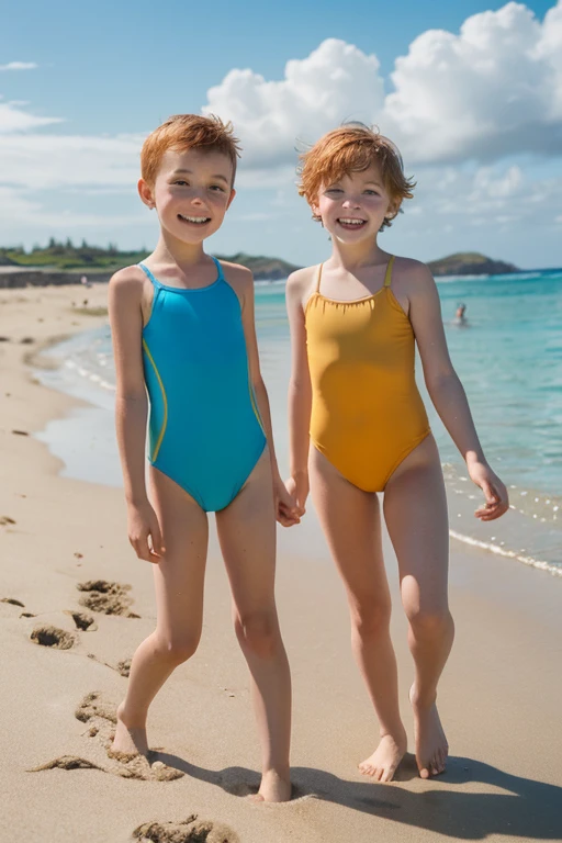 Very happy skinny young kids with short ginger hair, dressed in light colour swimsuit, play and swim on Ile-Tudy beach