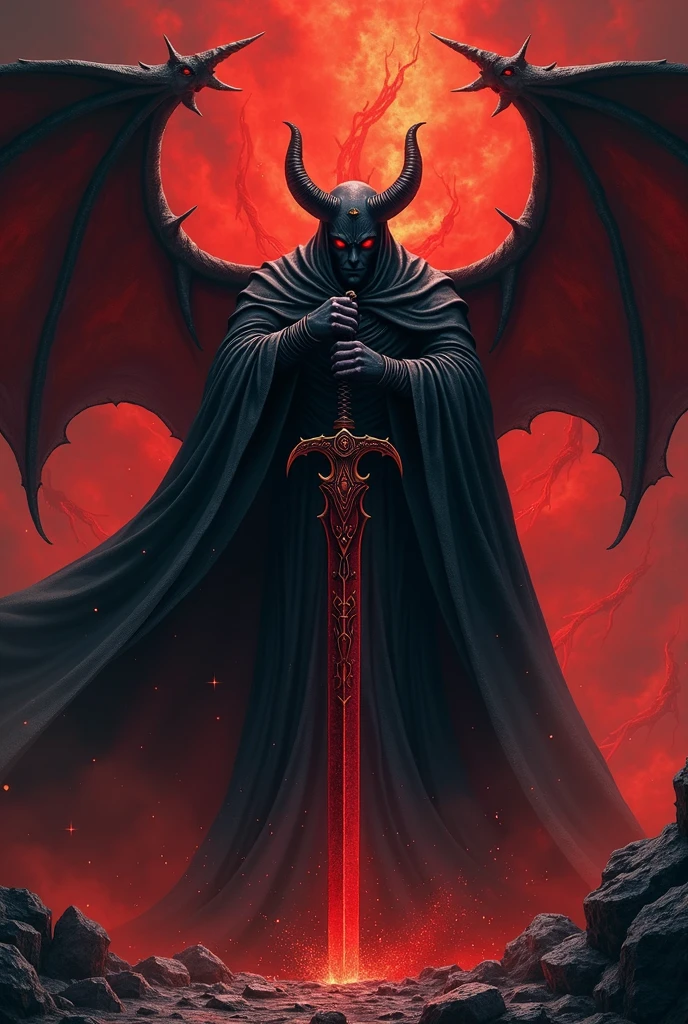 Devil with a powerfull sword in black and meroon background with death call