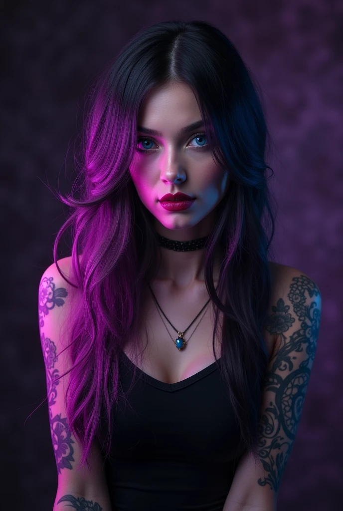 The image shows a woman with long hair in a black and purple color, red lips and blue eyes.. He has tattoos on his arms and is wearing a black and white tank top. The background is a gradient from purple to black. 8k