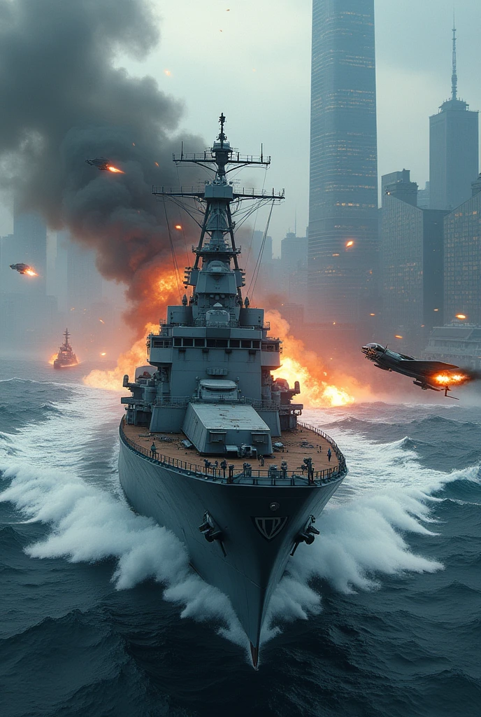 War ship in attack in plane in distroed in plane for ship big wave in sea attack in city tallest buildings
