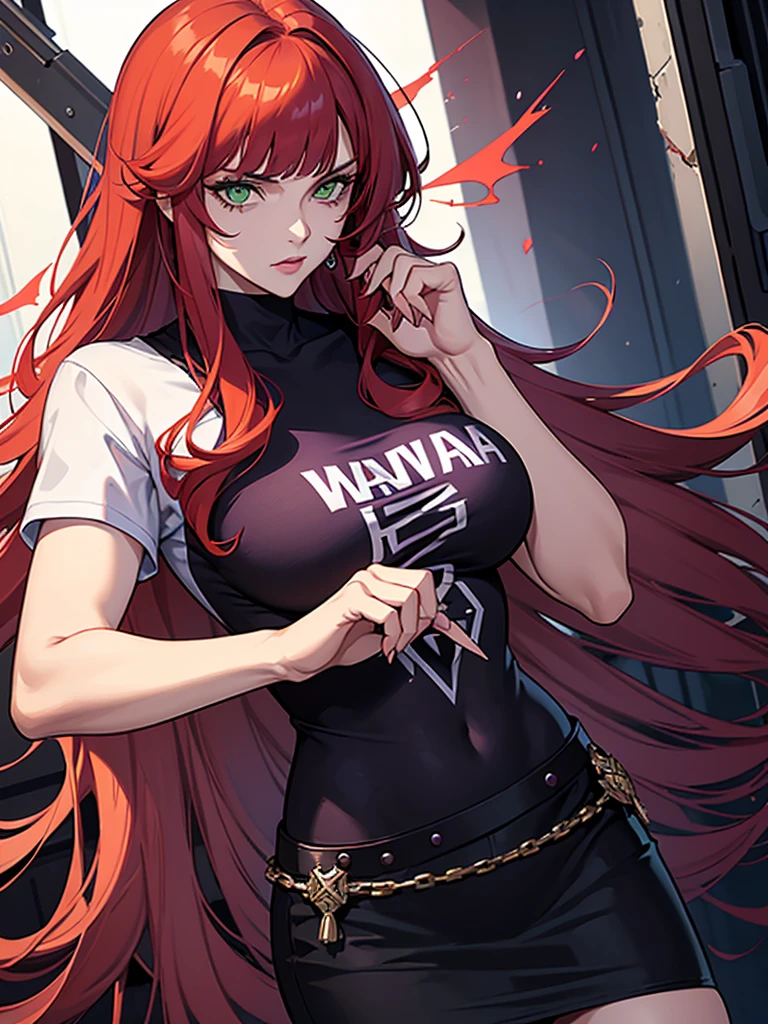 green eyes, red hair with long bangs, noble. wavy long hair. strong woman. she quiet. wear purple and black t shirt. dominant woman. mafia. mature woman. girl boss. badass woman. gangster. hair so long have bangs. gangster