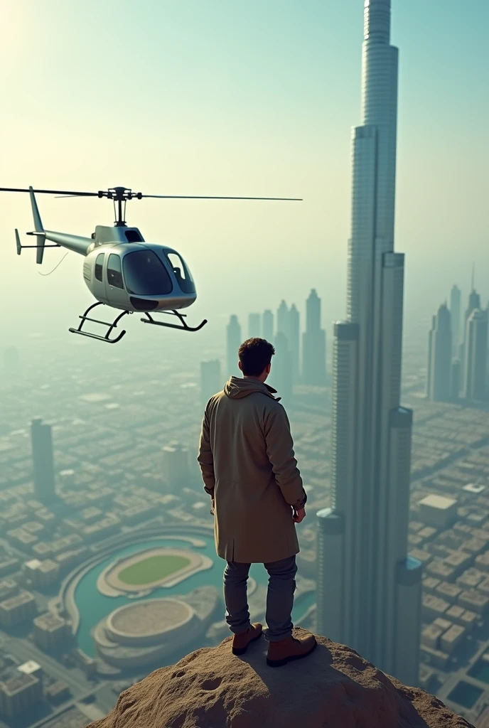 A man standing on the top of burj khalifa with helicopter 