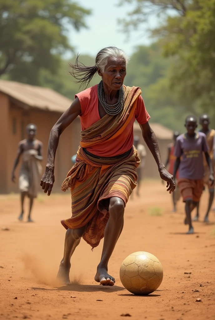 An old African woman playing football