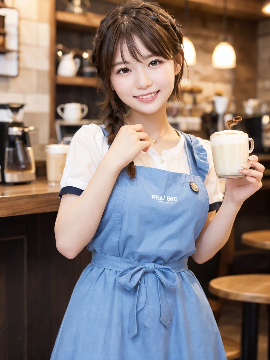 1 girl、(RAW Photos、Highest quality)、(Real、フォトReal:1.4)、Tabletop、Very delicate and beautiful、Very detailed、2k wallpaper、wonderful、Detailed、Very detailedCG Unity 8k壁紙、Super detailed、2、High resolution、Blue waitress outfit、Long skirt、Frills、apron、ribbon、Soft Light、Beautiful detailed girl、Cafeのウエイトレス、Short Medium Hair、Braided Hair、Very detailed目と顔、smile、Happy Face、Cafe、coffee shop、Latte Art