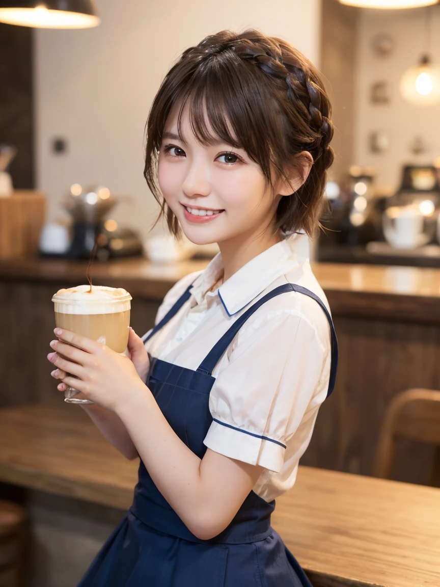 1 girl、(RAW Photos、Highest quality)、(Real、フォトReal:1.4)、Tabletop、Very delicate and beautiful、Very detailed、2k wallpaper、wonderful、Detailed、Very detailedCG Unity 8k壁紙、Super detailed、2、High resolution、Blue waitress outfit、Long skirt、Frills、apron、ribbon、Soft Light、Beautiful detailed girl、Cafeのウエイトレス、Short Medium Hair、Braided Hair、Very detailed目と顔、smile、Happy Face、Cafe、coffee shop、Latte Art