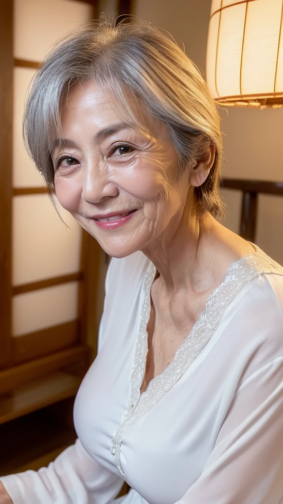 ((be familiar with)), ((Details of the face)), ((((universe)))), ((((japanese old grandma)))), (smile), ((((60-years old)))), ((((white blouse)))), (((Leaning forward))), ((Chest gap)), ((Long, thin, very saggy breasts)), ((Very skinny body)), (Large Breasts),