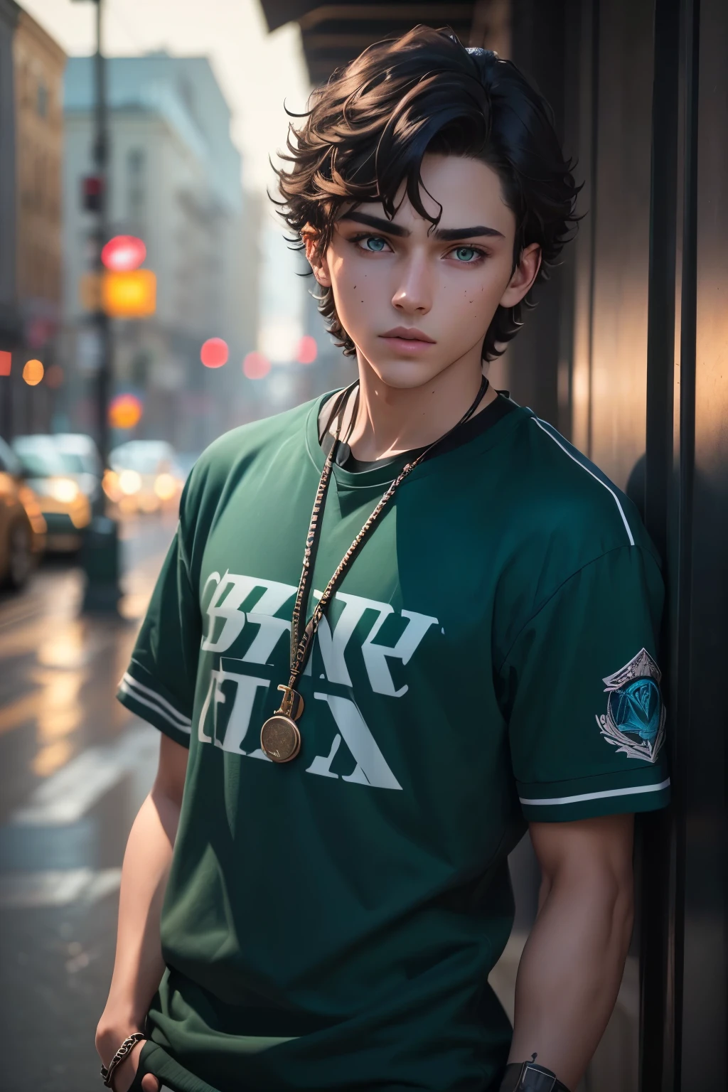 a beautiful teenage boy, dark brown wavy short hair, beautiful detailed blue and green eyes, vibrant colors, streetwear style clothes, cinematic lighting, (best quality,4k,8k,highres,masterpiece:1.2),ultra-detailed,(realistic,photorealistic,photo-realistic:1.37),portrait,high fashion editorial